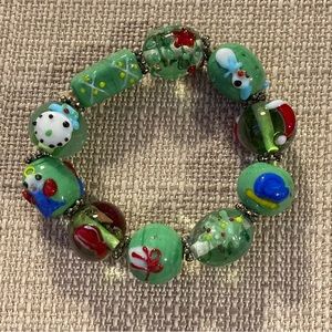 Chunky Art Glass Bead Christmas Stretch Bracelet Handmade Wedding Cake